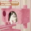 A cat is resting in a pink cat tree with a text overlay. Produktbild-Vorschau