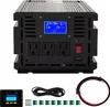 A black power inverter with multiple AC outlets, a USB port, a digital display, and various accessories laid out around it. Produktbild-Vorschau