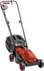 A red and black electric lawnmower is shown from a slight angle against a white background. Produktbild-Vorschau