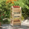 A wooden tiered shelf unit displaying bottles of wine and other beverages, set outdoors on a patio. Produktbild-Vorschau