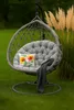 A hanging egg chair with cushions and a blanket sits on a green lawn next to tall, feathery grass. Voir les images du produit