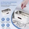 A split image showing an ultrasonic cleaning machine on the left and a hand placing jewelry into one on the right, with feature icons below. Produktbild-Vorschau