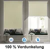 A split image showing two window blinds, one fully drawn and one partially drawn, with decorative pillows on a window seat below. Voir les images du produit