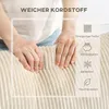 Hands touching a cream-colored corduroy fabric, with text and icons highlighting product features. Náhľad obrázku produktu