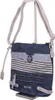 A blue shoulder bag with striped details and a decorative emblem, displayed on a stand. Anteprima dell’immagine prodotto