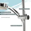 A close-up view of a chrome-plated shower holder attached to a shower rod, with descriptive text overlays. Produktbild-Vorschau