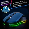 A gaming mouse with RGB lighting on a dark background, with marketing text and a warranty badge. Produktbild-Vorschau