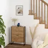 A shoe cabinet is placed next to a wooden staircase, with a plant and a vase of flowers on top. Podgląd zdjęcia produktu