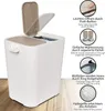 A white dual-compartment trash can with beige lids and informational callouts on the right side. Náhľad obrázku produktu
