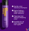 A bottle of Matrix Color Obsessed shampoo is shown next to a list of its features, all against a purple background. Produktbild-Vorschau