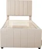 A beige upholstered bed frame with a slatted mattress support. Produktbild-Vorschau