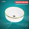 A white ceramic sink with a gold rim is displayed against a teal background with abstract wavy lines. Produktbild-Vorschau