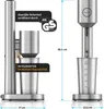 A silver stand mixer with a cup and a measuring cup is shown from two angles, with dimensions and safety certifications indicated. Anteprima dell’immagine prodotto