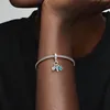 A close-up shot of a person's arm wearing a silver charm bracelet with two charms. Anteprima dell’immagine prodotto