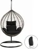 A hanging egg chair with black cushions and a stand, shown against a white background. A black cover for the chair is shown in a circular inset on the right. Náhled obrázku produktu