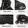 A collage of four close-up images of black and gold inline skates, each highlighting a specific feature. Podgląd zdjęcia produktu