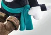 A close-up view of a plush toy, showing its body, legs, and a teal scarf. Podgląd zdjęcia produktu