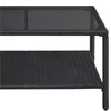 A close-up view of a black rattan coffee table with a glass top and a lower shelf. Produktbild-Vorschau