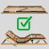 A slatted bed base is shown in two configurations: flat and adjusted for elevation, with a green checkmark icon above. Produktbild-Vorschau