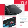 A collage of marketing images for a gaming desk, showing a close-up of the desk surface and a mousepad. Podgląd zdjęcia produktu