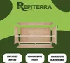 An exploded view diagram of a wooden terrarium kit with marketing text and a logo. Produktbild-Vorschau