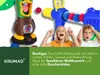 Two children are excitedly playing with a toy duck and a toy gun that shoots foam balls. The image is overlaid with marketing text. Voir les images du produit