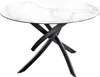 A round dining table with a white marble-look ceramic top and a black metal base, photographed against a white background. Produktbild-Vorschau