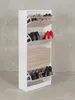 Schuhschrank aus natürlicher Eiche massiv auf neutralem Betonhintergrund Frontalansicht 60x24x150 cm_#sku_BARWL5.036# Produktbild-Vorschau
