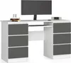 A modern white and dark gray desk with a computer monitor, keyboard, and drawers. Produktbild-Vorschau
