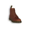 A brown leather boot with laces and yellow stitching on a white background. Produktbild-Vorschau