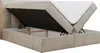A beige upholstered bed frame with the mattress lifted, revealing storage space underneath. Produktbild-Vorschau