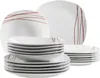 A set of white dinnerware with red and brown abstract line designs, stacked against a white background. Produktbild-Vorschau
