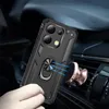 A hand holding a black phone case with a ring holder, which is magnetically attached to a rose gold car mount on a car's air vent. Produktbild-Vorschau