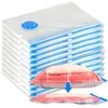 A stack of vacuum seal bags with one bag shown with bedding inside, demonstrating compression. Voir les images du produit