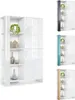 A white highboard cabinet with multiple shelves and doors, displayed with decorative items. Several color variations of the same cabinet are shown to the right. Produktbild-Vorschau