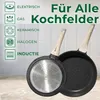 Two frying pans are shown in front of a tiled backsplash, with compatibility icons and text on the left side of the image. Náhľad obrázku produktu