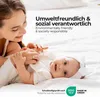 A mother and baby lying on a white surface, with text overlays about environmental responsibility and certifications. Produktbild-Vorschau