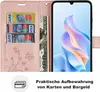 A pink flip phone case with card slots and a bill compartment, shown open with a smartphone inside. Produktbild-Vorschau