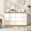 A modern dresser with a wood top and white drawers, decorated with artwork and decorative objects, in a well-lit room. Voir les images du produit
