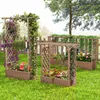 Three wooden raised garden beds with trellises are set up on a green lawn in a garden setting, with a wooden fence and trees in the background. Produktbild-Vorschau