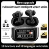 A pair of black wireless earbuds with their charging case, which features a small screen displaying information and icons. Produktbild-Vorschau