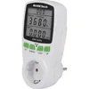 A white digital energy meter with a display screen and buttons, plugged into an outlet. Produktbild-Vorschau