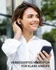 A woman is holding a smartphone and wearing wireless earbuds, smiling. Produktbild-Vorschau