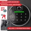 Close-up of a digital keypad and fingerprint scanner on a safe, with accompanying instructional graphics and text. Produktbild-Vorschau