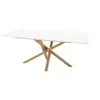 A white rectangular dining table with a wooden base. Produktbild-Vorschau