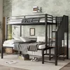 A bedroom scene featuring a metal bunk bed with stairs, decorated with bedding and accessories. Produktbild-Vorschau