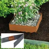 A raised garden bed border made of Corten steel is shown with a plant and gravel inside, surrounded by soil and grass. A smaller inset image shows a piece of the border material with text. Produktbild-Vorschau