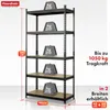 A black metal shelving unit with wooden shelves, shown with weights on each shelf to demonstrate load capacity. Dimensions and load capacity are indicated with text overlays. Anteprima dell’immagine prodotto