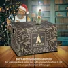 A man in a Santa hat is in the background, holding an iron, while a beer advent calendar is in the foreground with a beer bottle sticking out. Produktbild-Vorschau