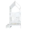 A white wooden bunk bed with a house-shaped frame, shown from the side with a drawer underneath. Anteprima dell’immagine prodotto